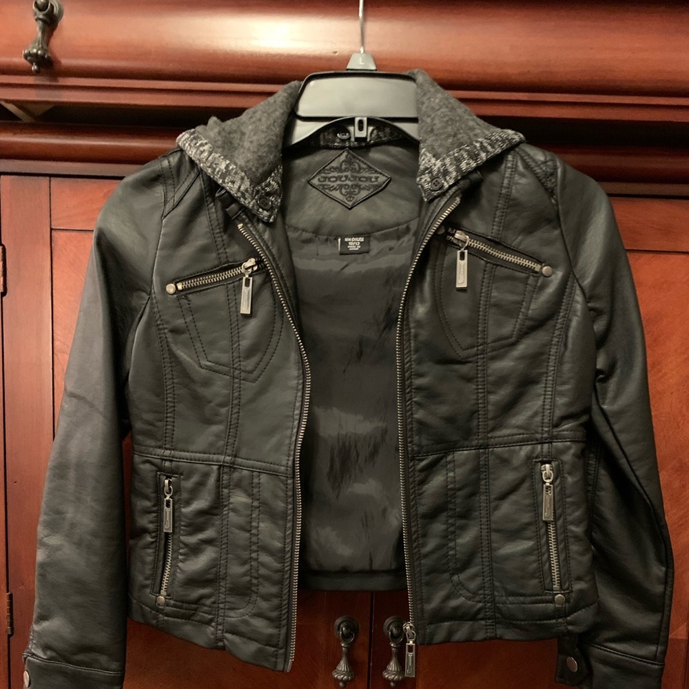 Girl faux leather black crop jacket